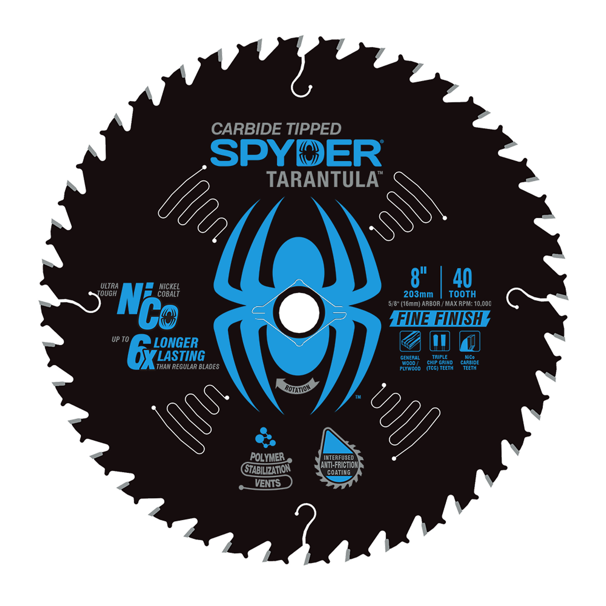 SPYDER, Fine 8in. 40T TCT Stl Circ Tarant Saw Blade, Pnl/Sht, Blade Diameter 8 in, Included (qty.) 1 Model# 13052